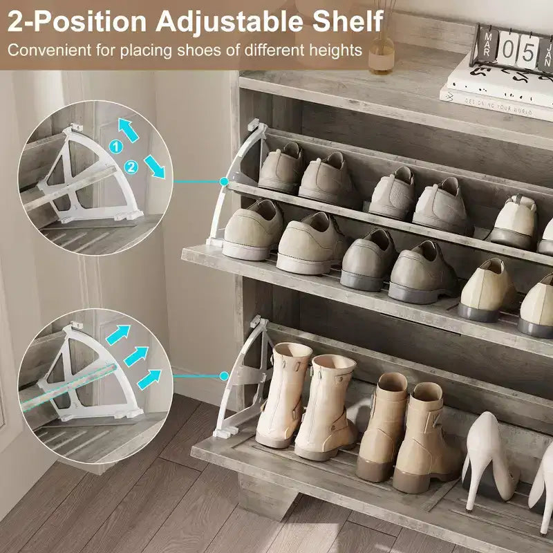 Scarpiera a 2 ante a ribalta, Scarpiera stretta con ganci, Organizer sottile in stile rustico per piccoli spazi