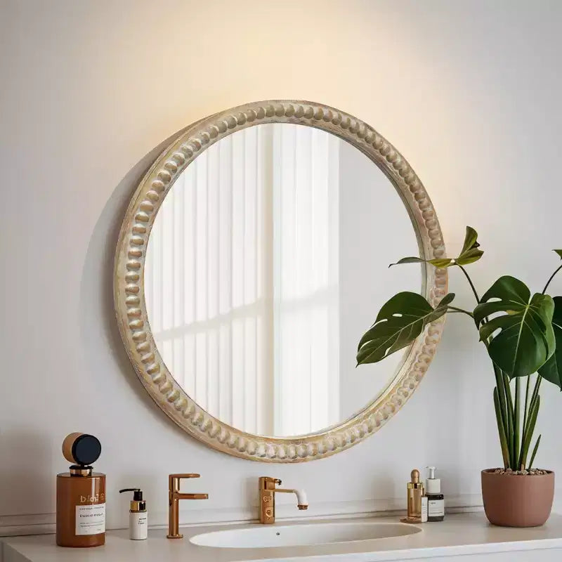 Specchio da parete rotondo moderno decorativo con cornice perline, specchio da bagno, specchio decorativo per soggiorno o ingresso