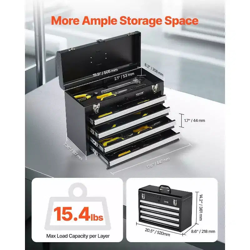 Cassetta porta attrezzi portatile in metallo da 20,5" - 4 cassetti, rivestimenti in EVA, guide con cuscinetti a sfera, chiudibile a chiave, verniciata a polvere