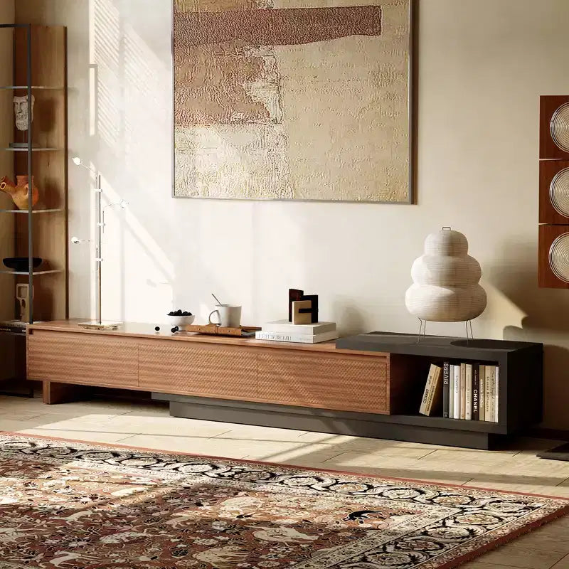 Mobile TV allungabile da 200-260 cm con 3 cassetti, design frontale strutturato e console multimediale moderna per soggiorno
