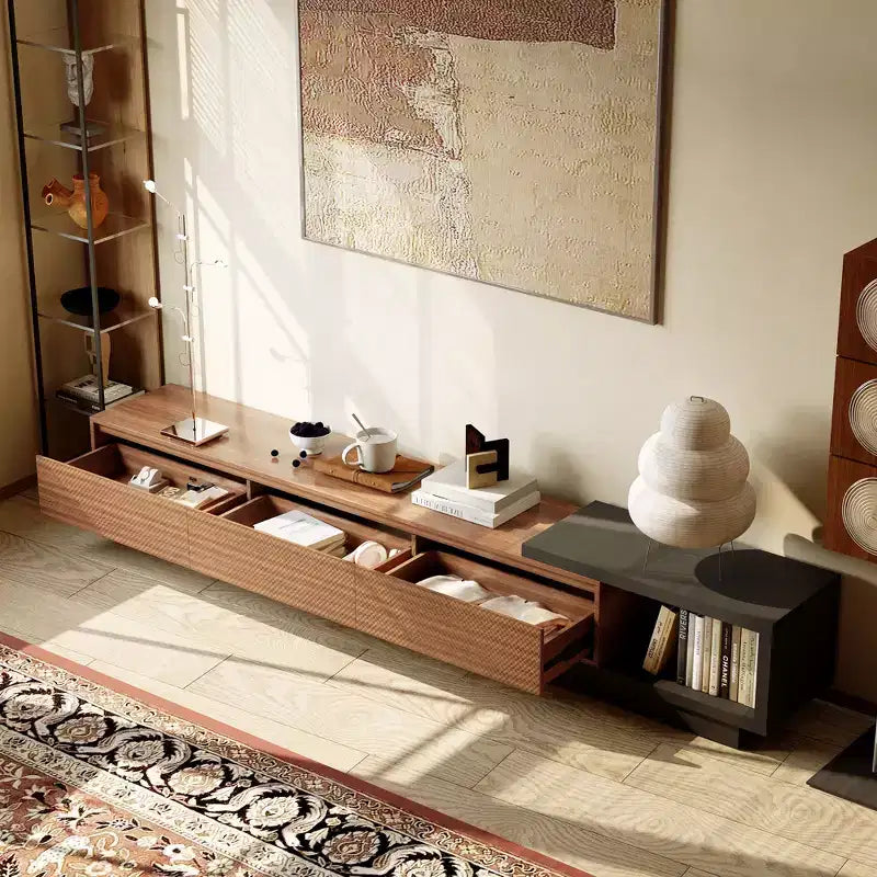 Mobile TV allungabile da 200-260 cm con 3 cassetti, design frontale strutturato e console multimediale moderna per soggiorno