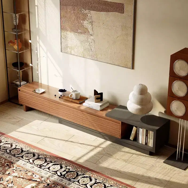 Mobile TV allungabile da 200-260 cm con 3 cassetti, design frontale strutturato e console multimediale moderna per soggiorno