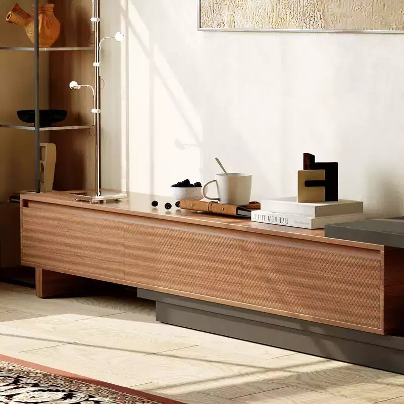Mobile TV allungabile da 200-260 cm con 3 cassetti, design frontale strutturato e console multimediale moderna per soggiorno