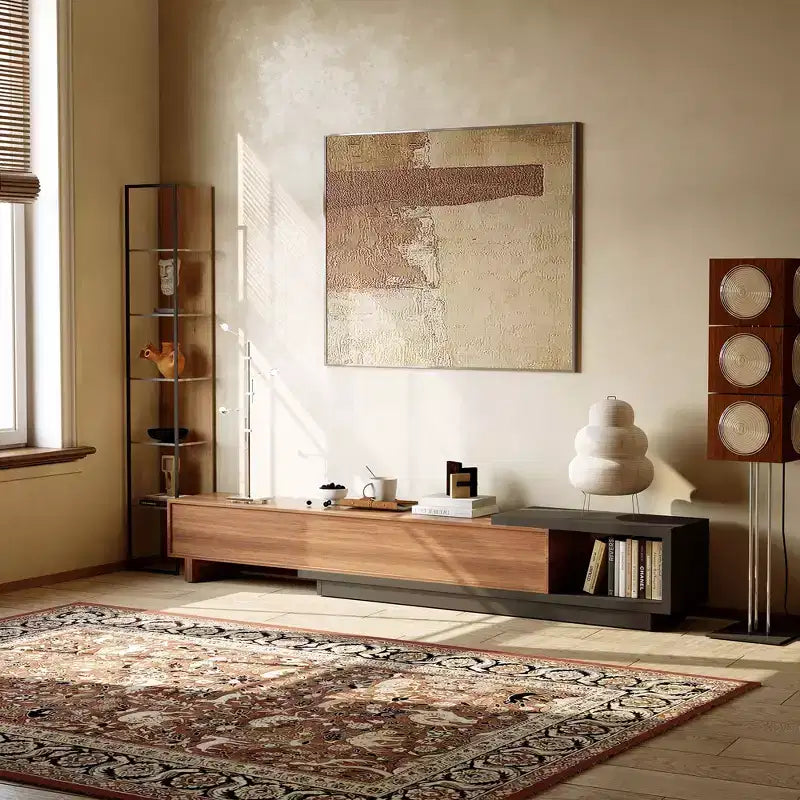 Mobile TV allungabile da 200-260 cm con 3 cassetti, design frontale strutturato e console multimediale moderna per soggiorno