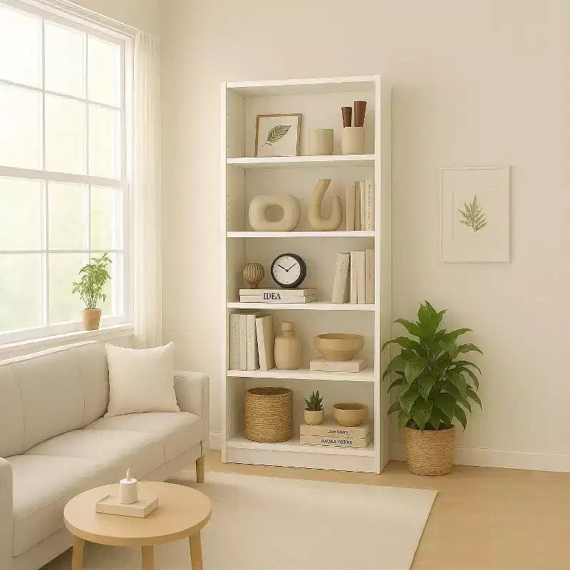 JVNOXK 29-inch Five-Tier Bookcase Storage Cabinet with 5 Open Shelves and Anti-Tip Safety Kit, Suitable for Bedrooms and Living Rooms, White