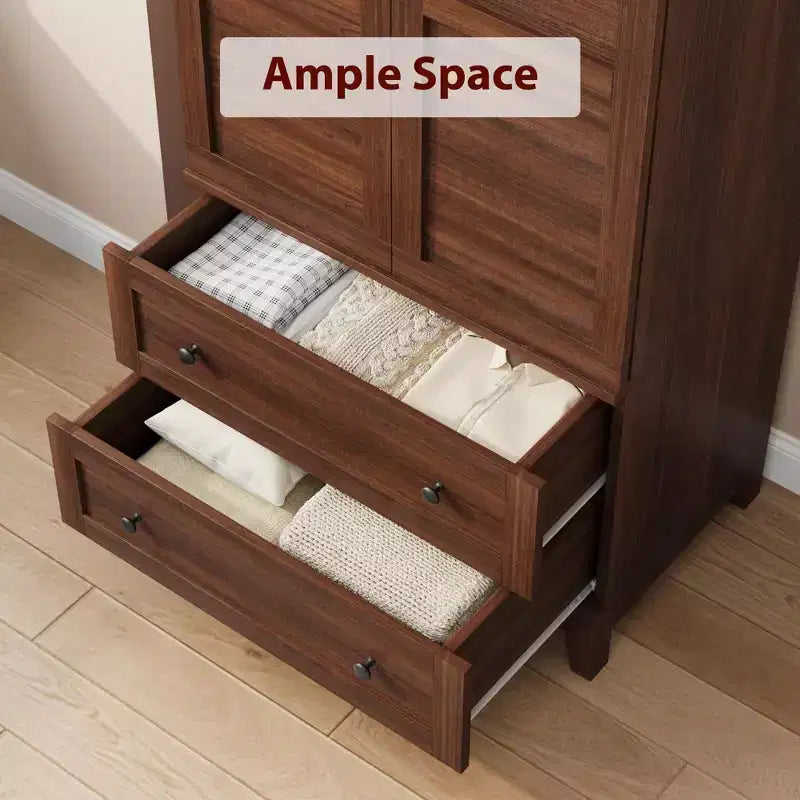 Ampio Armadio in Legno con 2 Cassetti e 18 Ripiani Regolabili, Armadio Alto da Camera da Letto con Asta Appendiabiti e Ante Moderne