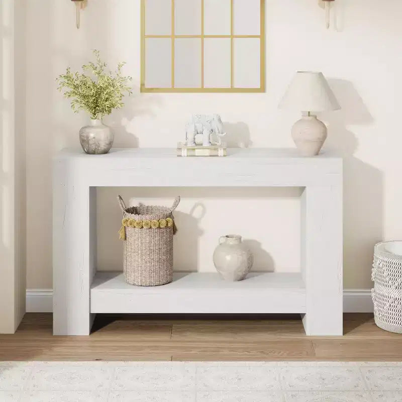 Farmhouse Console Table with Solid Base, 47 2-Tier Sofa Table for Entryway or Living Room, Rustic Wood Grain Accent Table - White