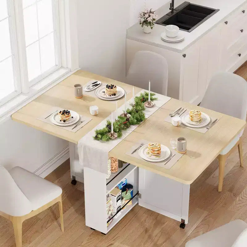 Tavolo da Pranzo Pieghevole per 4 Persone, Tavolo da Cucina in Stile Rustico con Cassetto, Ripiano Portaoggetti a 2 Livelli e 6 Ruote per Piccoli Spazi