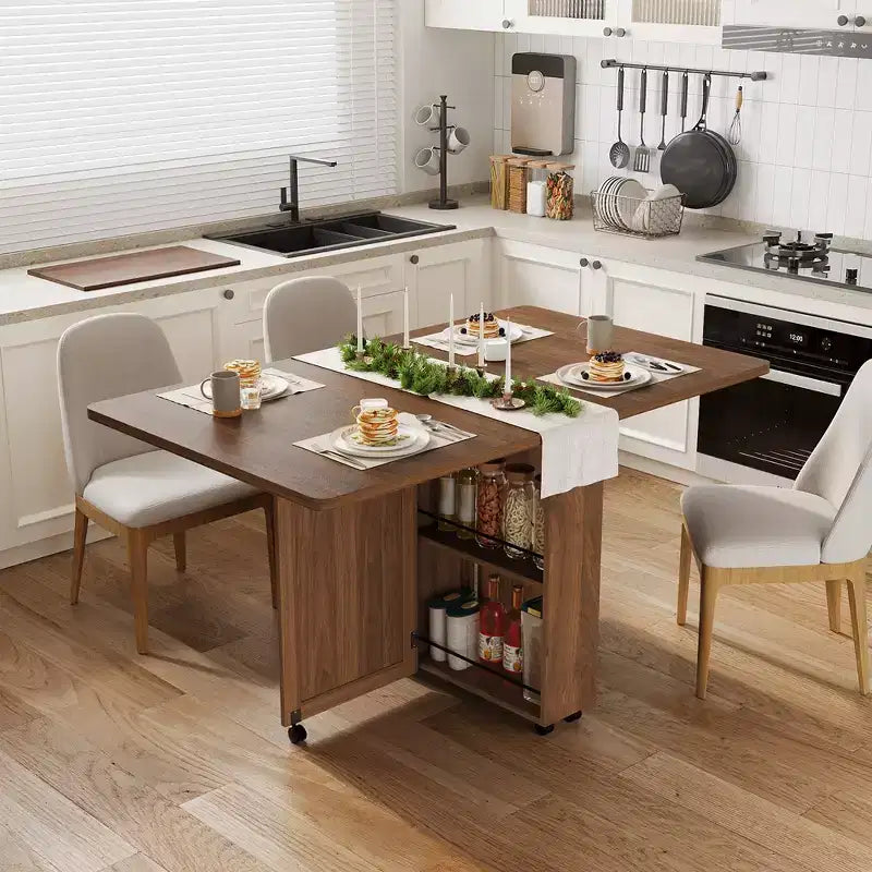 Tavolo da Pranzo Pieghevole per 4 Persone, Tavolo da Cucina in Stile Rustico con Cassetto, Ripiano Portaoggetti a 2 Livelli e 6 Ruote per Piccoli Spazi