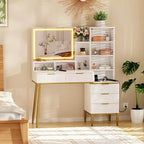 Moderna toeletta con specchio illuminato ad alta definizione, cinque cassetti, ante in vetro, prese integrate e piano in vetro per camera da letto.