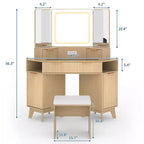 Scrivania angolare per trucco in legno naturale, toeletta angolare con piano in vetro, toeletta angolare con specchio e sedia, toeletta con scanalature