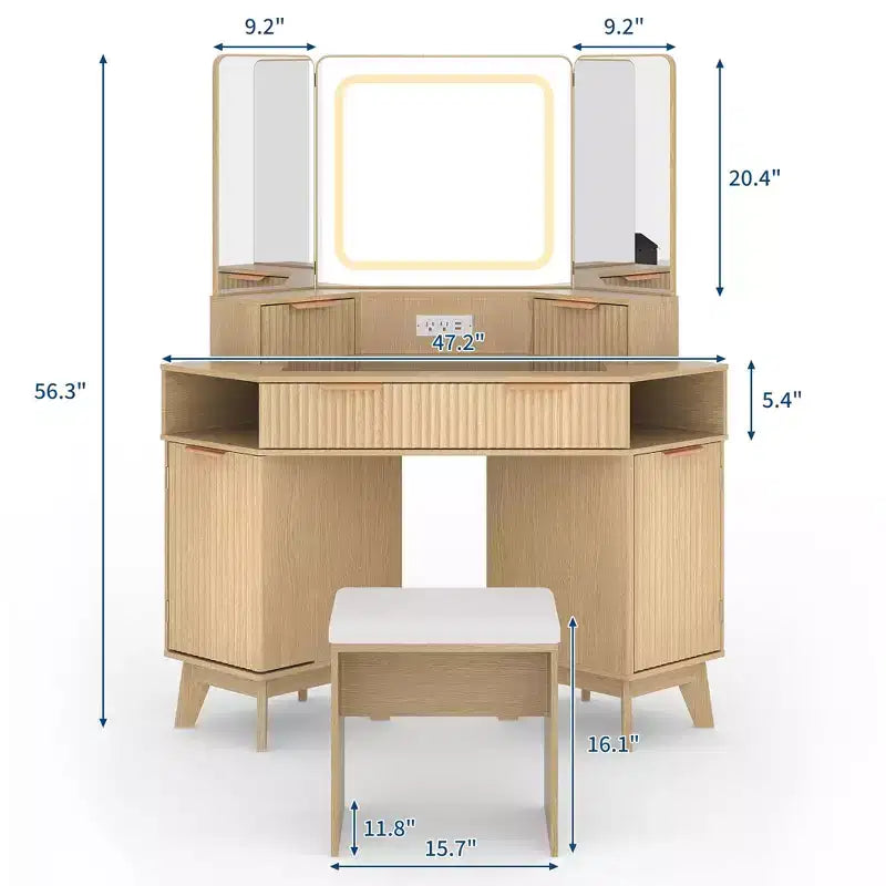 Scrivania angolare per trucco in legno naturale, toeletta angolare con piano in vetro, toeletta angolare con specchio e sedia, toeletta con scanalature