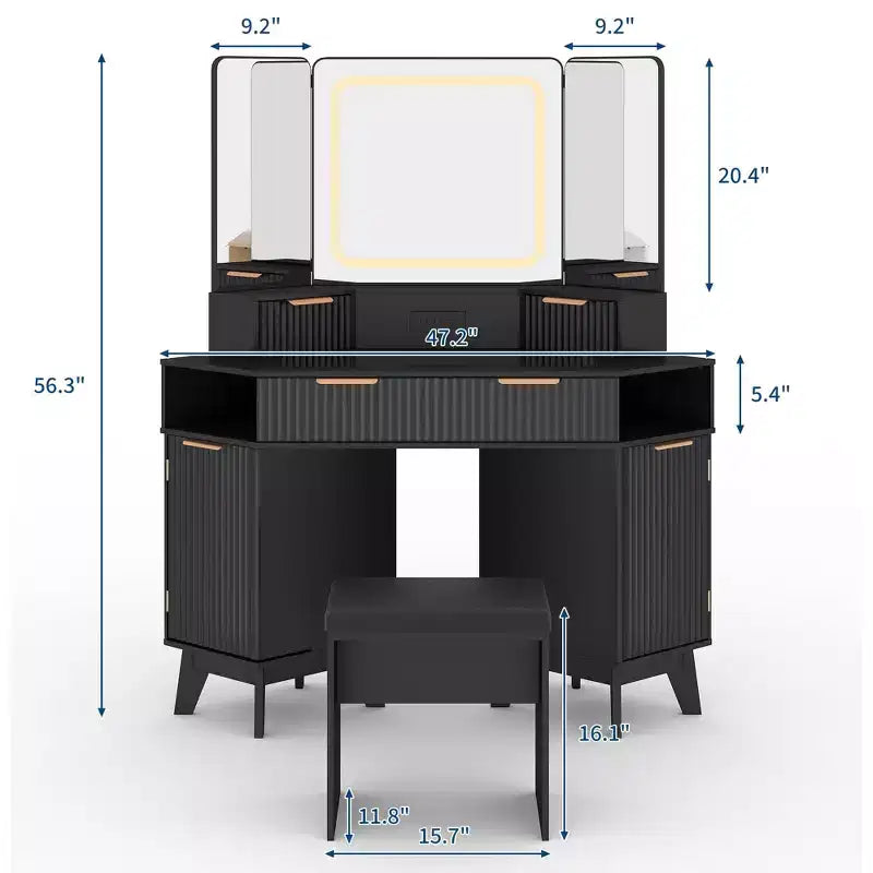 Scrivania angolare per trucco in legno naturale, toeletta angolare con piano in vetro, toeletta angolare con specchio e sedia, toeletta con scanalature