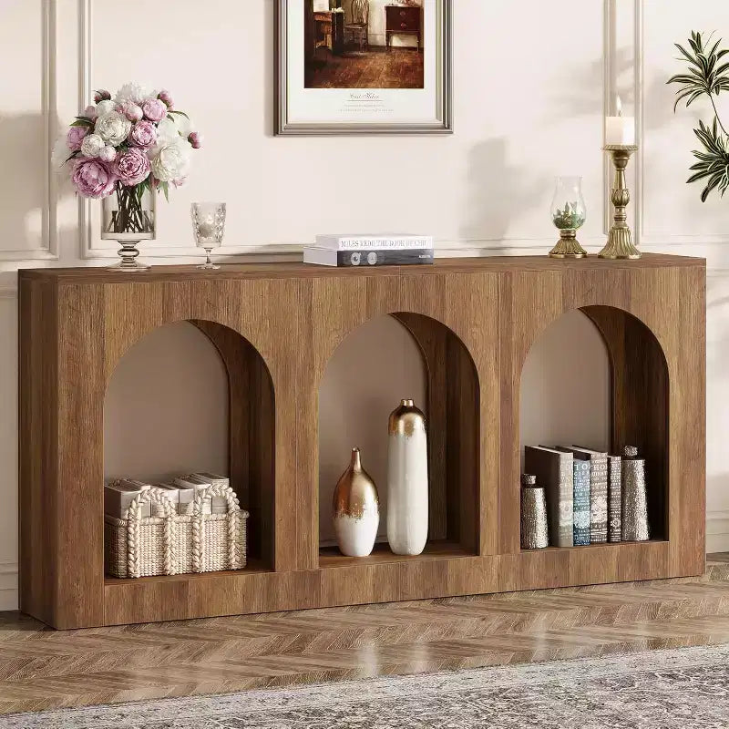 Lantine 70.9-Inch Console Table with Storage, Wood Entryway Table with Arched Shelves for Foyer, Hallway, Living Room, Narrow Long, Brown