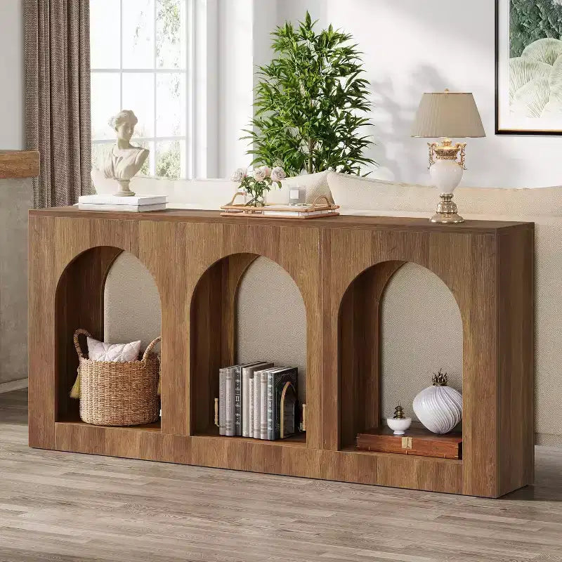 Consolle da 180 cm con cassetti, Tavolo da Ingresso in Legno con Ripiani Ad Arco per Foyer, Corridoio, Soggiorno, Stretto e Lungo, Marrone