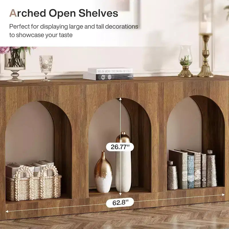Consolle da 180 cm con cassetti, Tavolo da Ingresso in Legno con Ripiani Ad Arco per Foyer, Corridoio, Soggiorno, Stretto e Lungo, Marrone