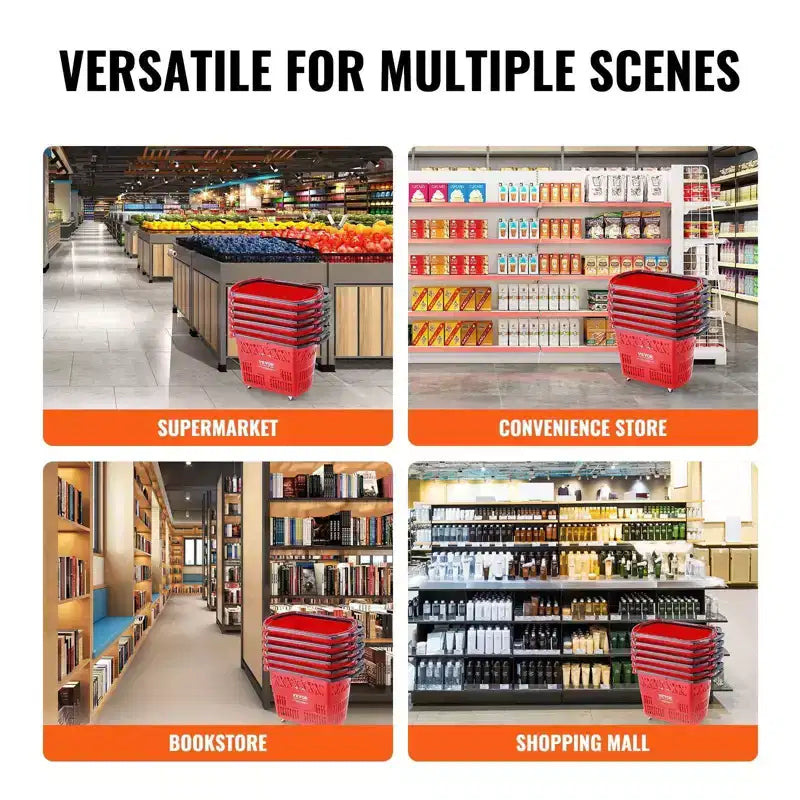 6 carrelli portaspesa in plastica da 39 litri con ruote e manici, rossi - Ideali per supermercati, negozi al dettaglio, spesa alimentare