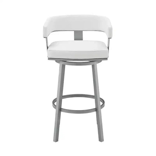 HomeRoots 30 White And Gray Faux Leather And Iron Swivel Low Back Bar Height Bar Chair