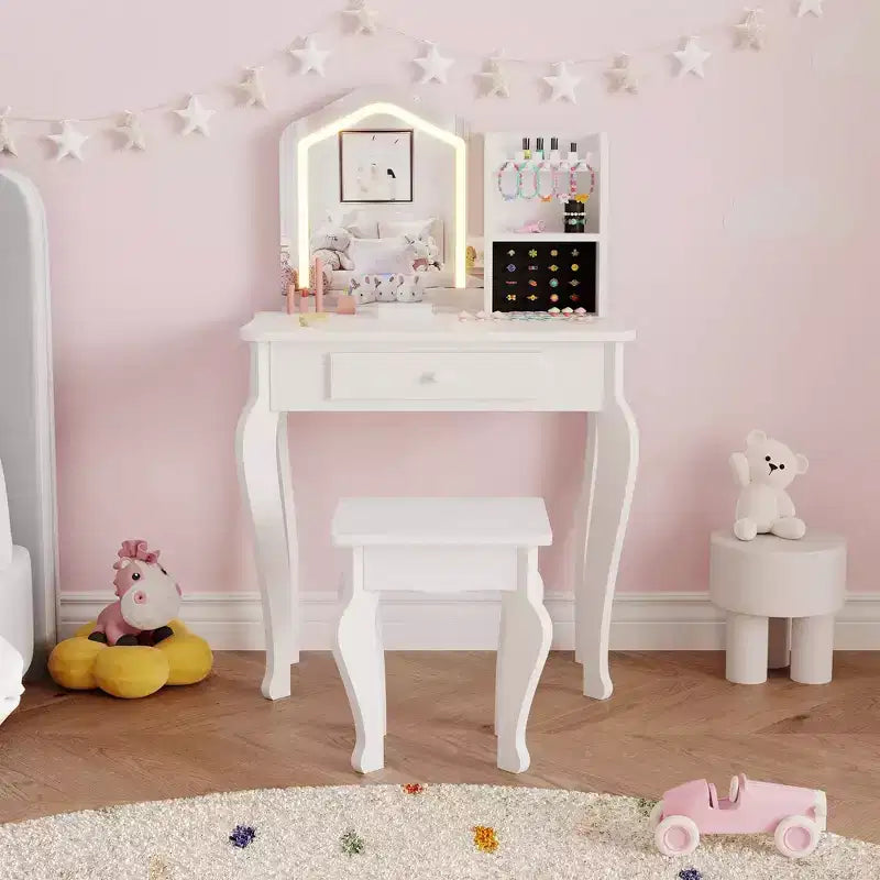 Toeletta per bambine con specchio illuminato, set da trucco e sgabello per bambine dai 3 agli 8 anni