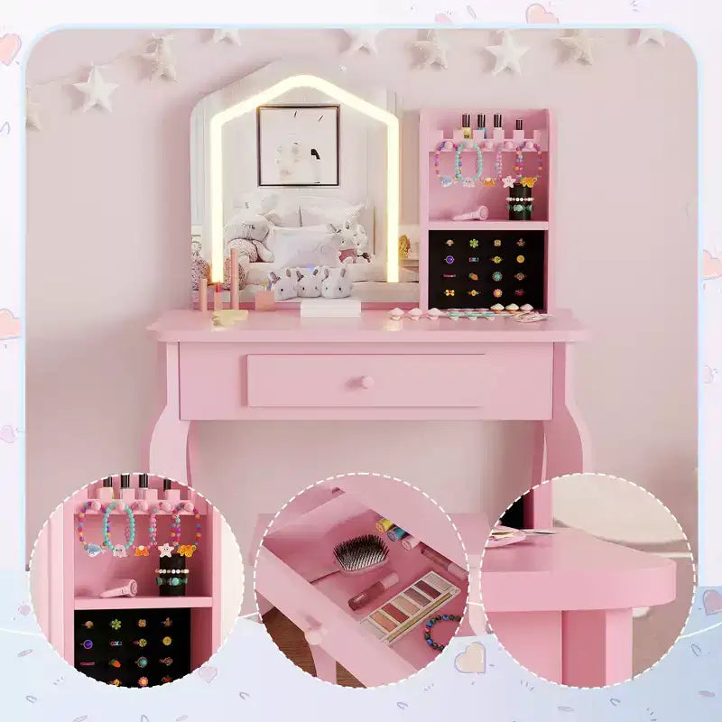 Toeletta per bambine con specchio illuminato, set da trucco e sgabello per bambine dai 3 agli 8 anni