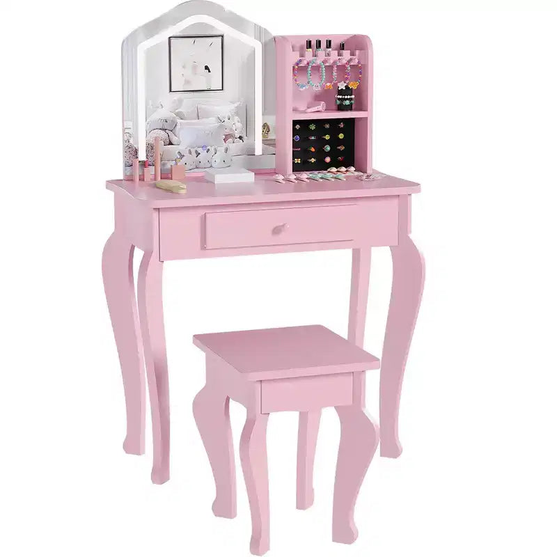 Kids Vanity with Lighted Mirror, Little Girl Vanity and Stool, Toddler Makeup Table Set and Makeup Playset for 3-8 Girls