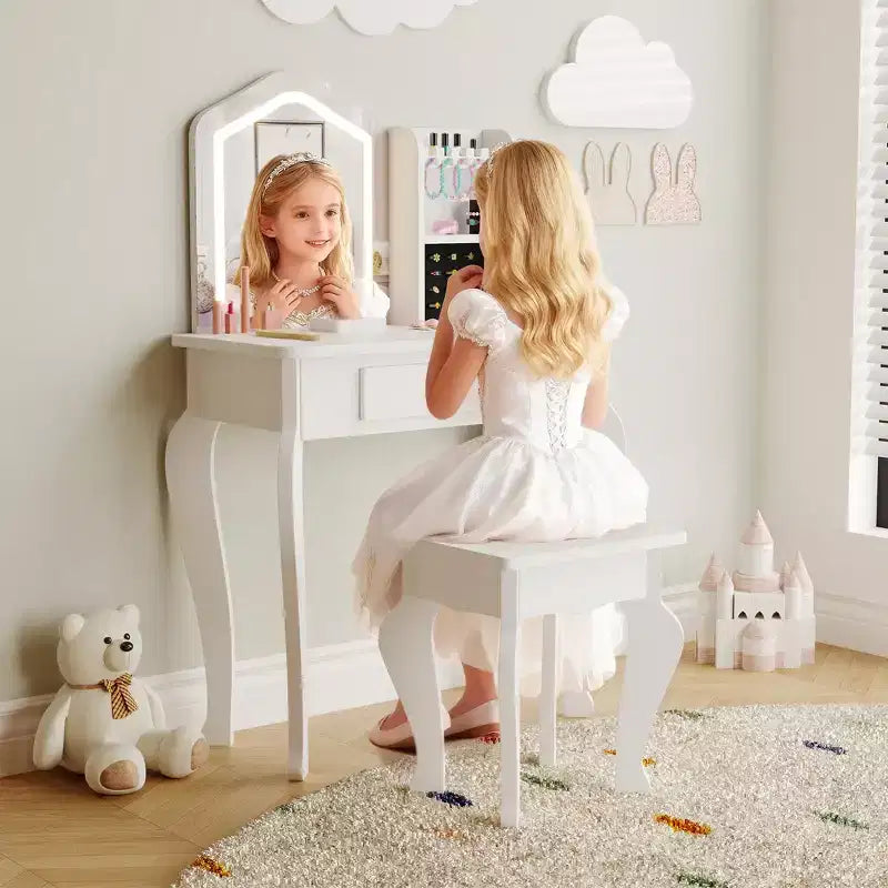 Toeletta per bambine con specchio illuminato, set da trucco e sgabello per bambine dai 3 agli 8 anni