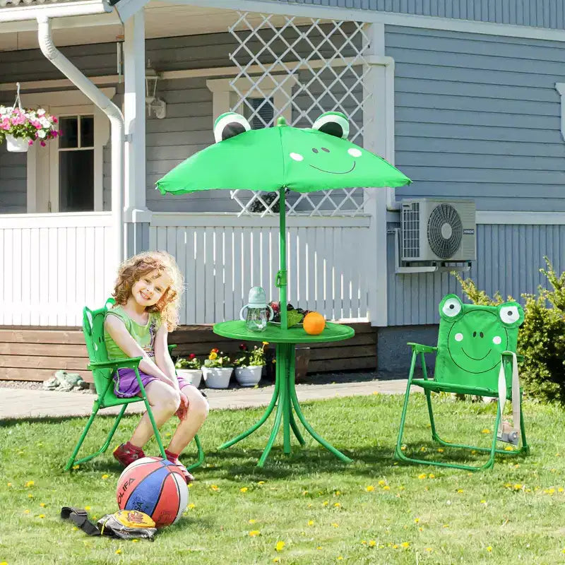 Set Tavolo e Sedie Pieghevoli per Bambini, Tavolo da Picnic con Motivo a Rana Rimovibile e Ombrellone Regolabile in Altezza per Giardino, Cortile, Verde