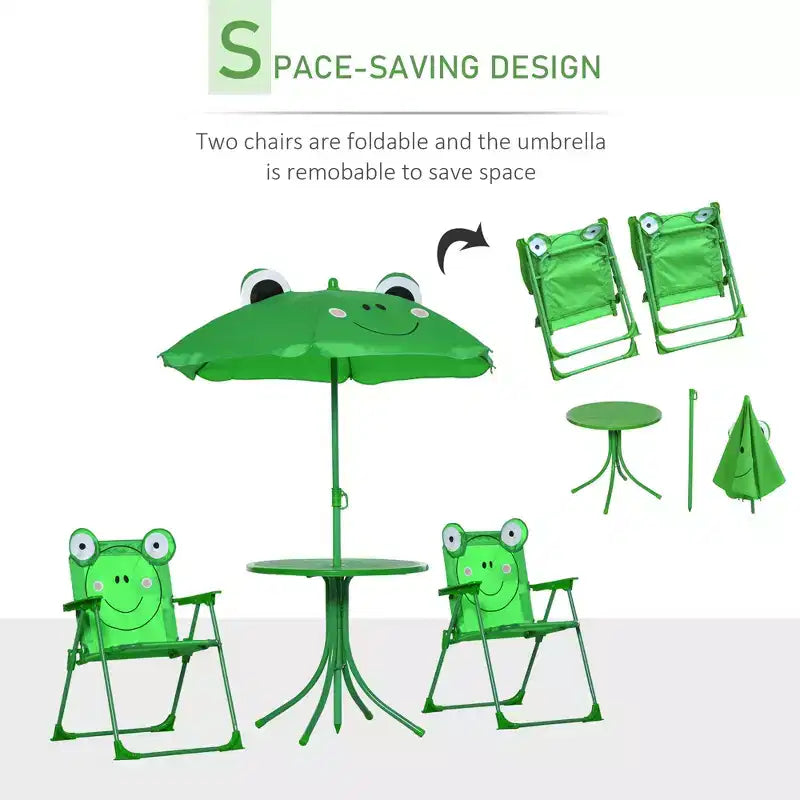 Set Tavolo e Sedie Pieghevoli per Bambini, Tavolo da Picnic con Motivo a Rana Rimovibile e Ombrellone Regolabile in Altezza per Giardino, Cortile, Verde