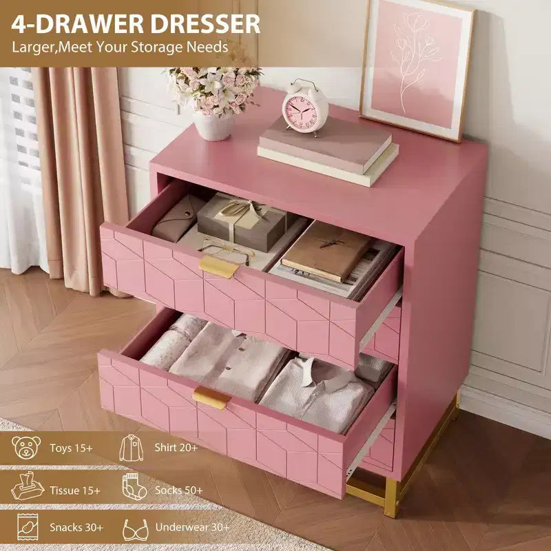 Cassettiera, comò in legno rosa a 4 cassetti con maniglie dorate, contenitore moderno