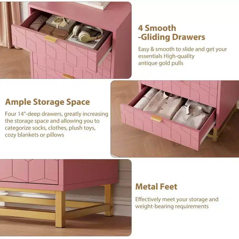 Cassettiera, comò in legno rosa a 4 cassetti con maniglie dorate, contenitore moderno