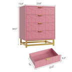 Cassettiera, comò in legno rosa a 4 cassetti con maniglie dorate, contenitore moderno