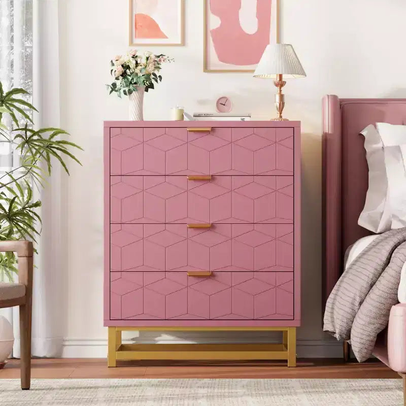 Cassettiera, comò in legno rosa a 4 cassetti con maniglie dorate, contenitore moderno