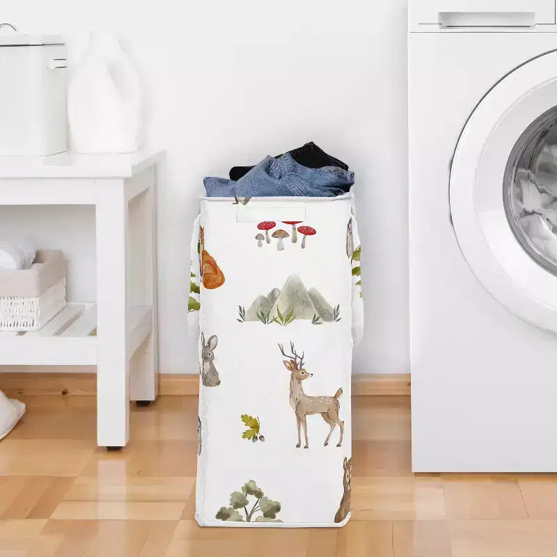 Cesto Portabiancheria Pieghevole per Bambini e Bambine, Unisex/Neutro, con Manici, Acquerello Animali del Bosco, Verde, Marrone e Rosso