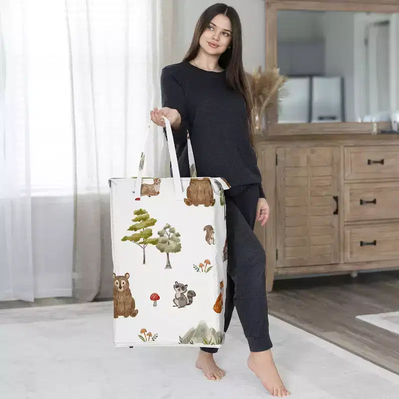 Cesto Portabiancheria Pieghevole per Bambini e Bambine, Unisex/Neutro, con Manici, Acquerello Animali del Bosco, Verde, Marrone e Rosso