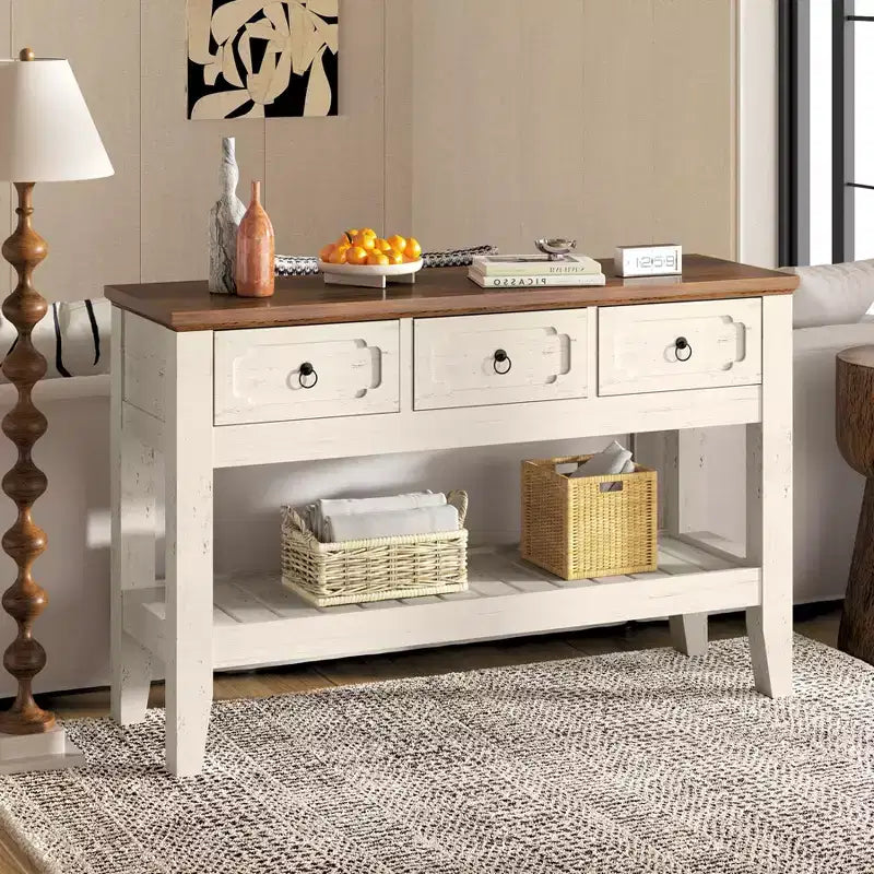 Consolle da 47 pollici con cassetti, tavolo da ingresso rustico stile fattoria con ripiano inferiore e gambe in legno massello per ingresso, soggiorno, atrio, foyer