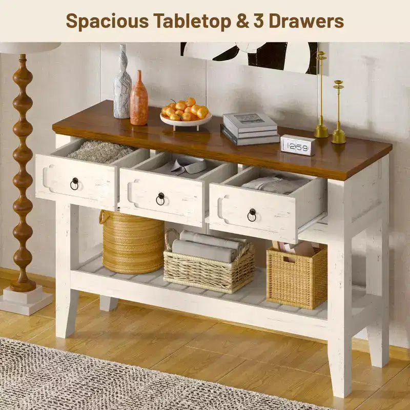 Consolle da 47 pollici con cassetti, tavolo da ingresso rustico stile fattoria con ripiano inferiore e gambe in legno massello per ingresso, soggiorno, atrio, foyer