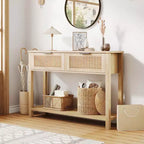Consolle scanalata per ingresso, tavolino stretto a 2 cassetti con ripiano portaoggetti, finitura in legno naturale per soggiorno, corridoio o atrio