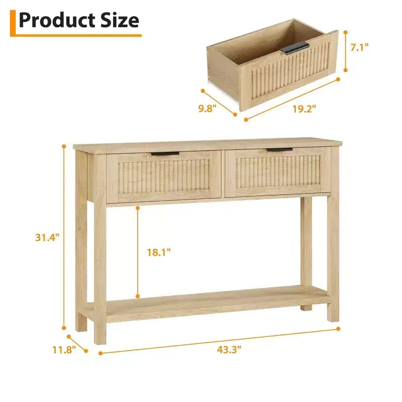 Consolle scanalata per ingresso, tavolino stretto a 2 cassetti con ripiano portaoggetti, finitura in legno naturale per soggiorno, corridoio o atrio