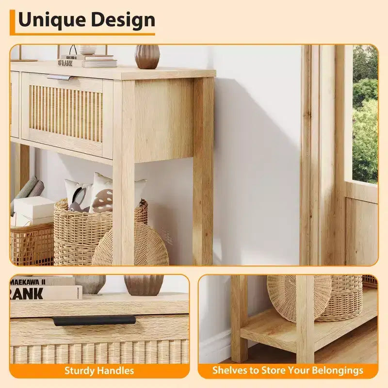 Consolle scanalata per ingresso, tavolino stretto a 2 cassetti con ripiano portaoggetti, finitura in legno naturale per soggiorno, corridoio o atrio