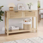 Consolle scanalata per ingresso, tavolino stretto a 2 cassetti con ripiano portaoggetti, finitura in legno naturale per soggiorno, corridoio o atrio