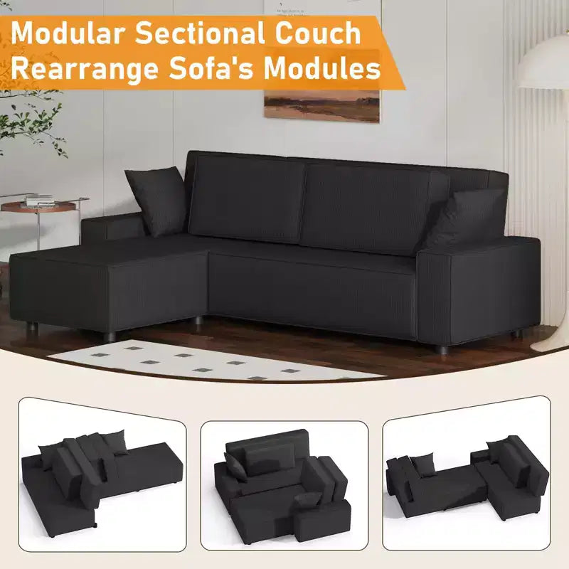 Divano componibile modulare 96, moderno divano a strisce in velluto a coste a forma di L con pouf mobile, divani componibili per soggiorno, camera da letto
