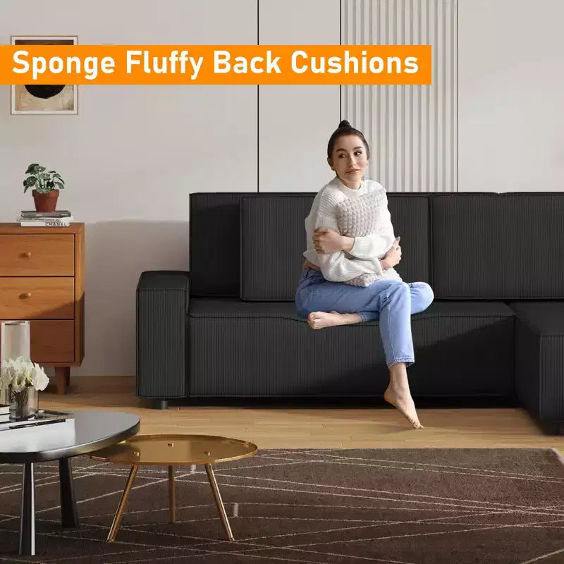 Divano componibile modulare 96, moderno divano a strisce in velluto a coste a forma di L con pouf mobile, divani componibili per soggiorno, camera da letto