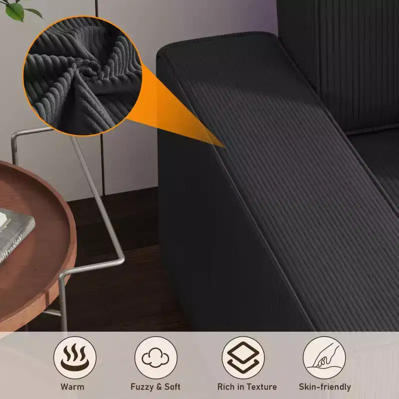 Divano componibile modulare 96, moderno divano a strisce in velluto a coste a forma di L con pouf mobile, divani componibili per soggiorno, camera da letto