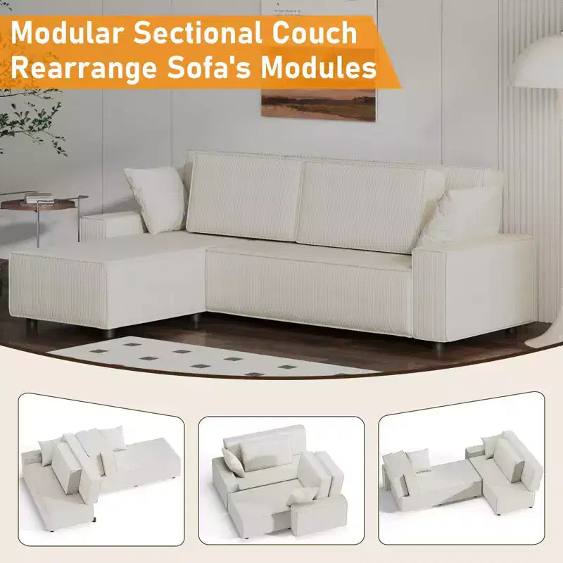 Divano componibile modulare 96, moderno divano a strisce in velluto a coste a forma di L con pouf mobile, divani componibili per soggiorno, camera da letto