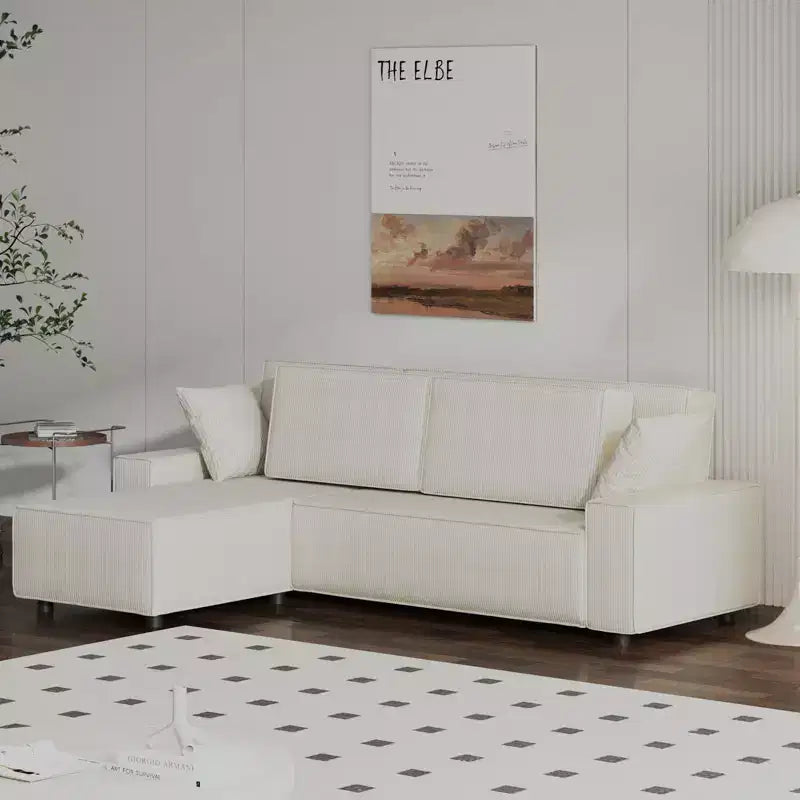 Divano componibile modulare 96, moderno divano a strisce in velluto a coste a forma di L con pouf mobile, divani componibili per soggiorno, camera da letto