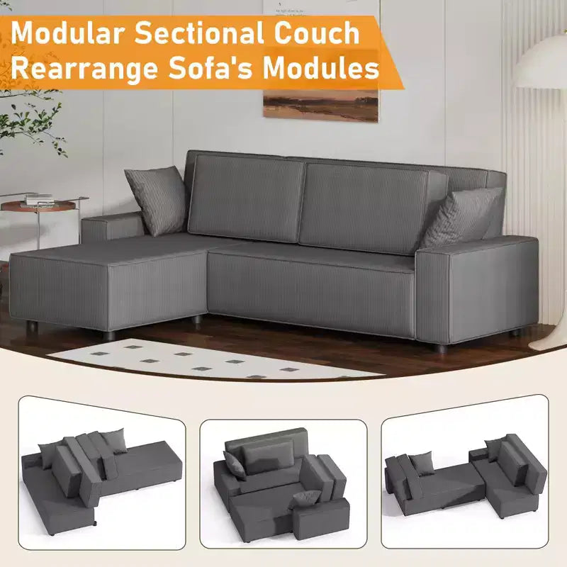 Divano componibile modulare 96, moderno divano a strisce in velluto a coste a forma di L con pouf mobile, divani componibili per soggiorno, camera da letto
