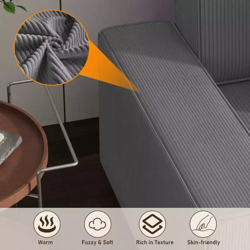 Divano componibile modulare 96, moderno divano a strisce in velluto a coste a forma di L con pouf mobile, divani componibili per soggiorno, camera da letto