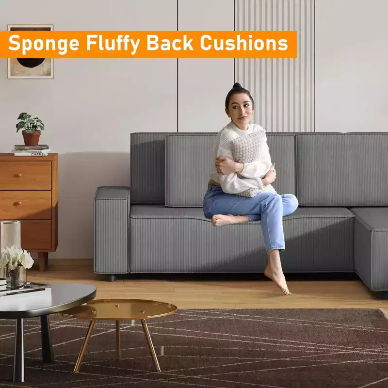 Divano componibile modulare 96, moderno divano a strisce in velluto a coste a forma di L con pouf mobile, divani componibili per soggiorno, camera da letto