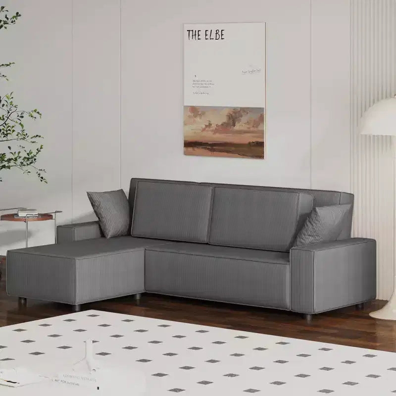 Divano componibile modulare 96, moderno divano a strisce in velluto a coste a forma di L con pouf mobile, divani componibili per soggiorno, camera da letto