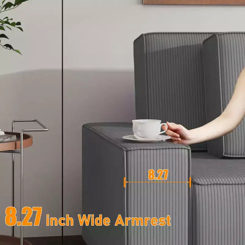Divano componibile modulare 96, moderno divano a strisce in velluto a coste a forma di L con pouf mobile, divani componibili per soggiorno, camera da letto